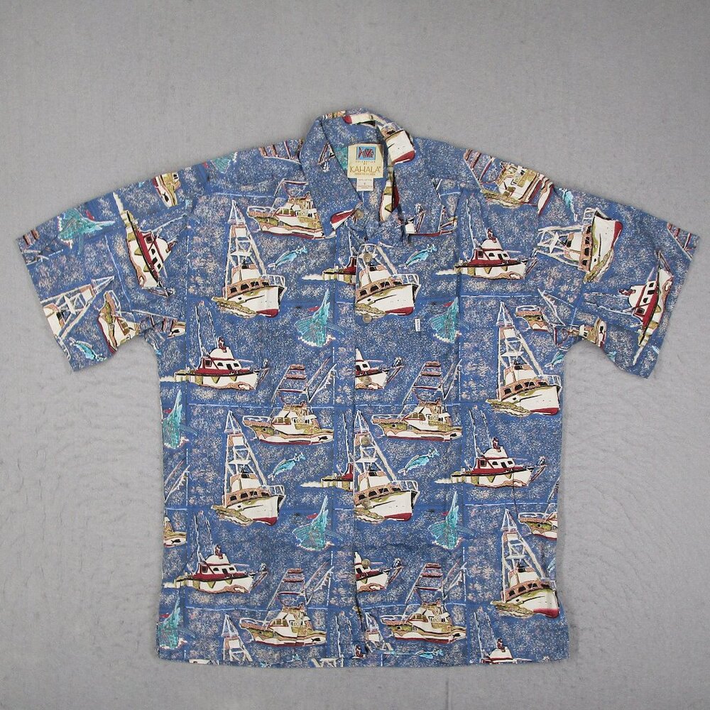 Kahala Hawaiian Shirt Mens Small Blue Avi Collection Button Up Boats Fish USA